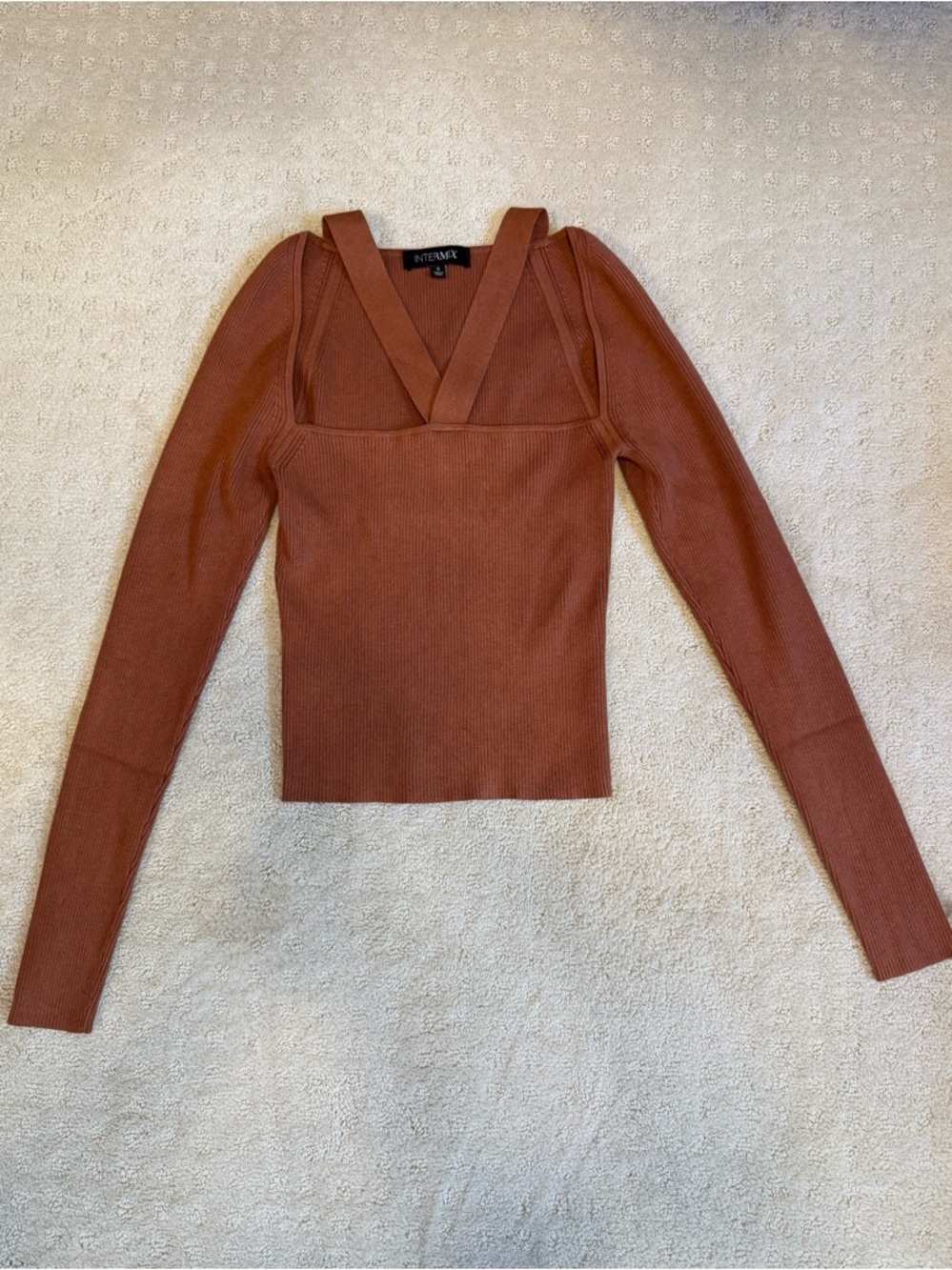 INTERMIX Rust Brown Ribbed Long-Sleeve Square Neck Top, Size S